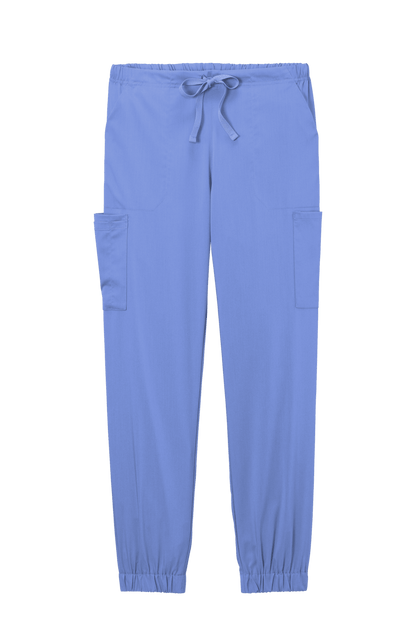 Light blue women's Wink Premiere Flex jogger nursing scrubs pant with print design, front view showing comfortable fit and functional style.