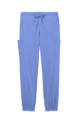 Light blue women's Wink Premiere Flex jogger nursing scrubs pant with print design, front view showing comfortable fit and functional style.