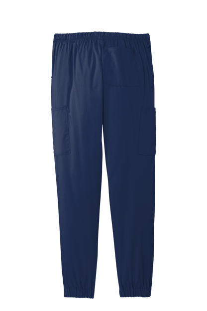 Navy women's Premiere Flex jogger scrub pants by Wink with a print design, designed for comfort and nursing professionals.