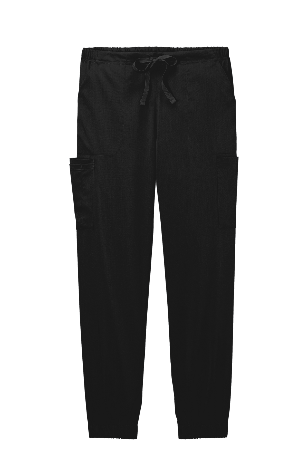 Black women's Wink Premiere Flex jogger nursing scrub pants with front print, designed for comfort and mobility.