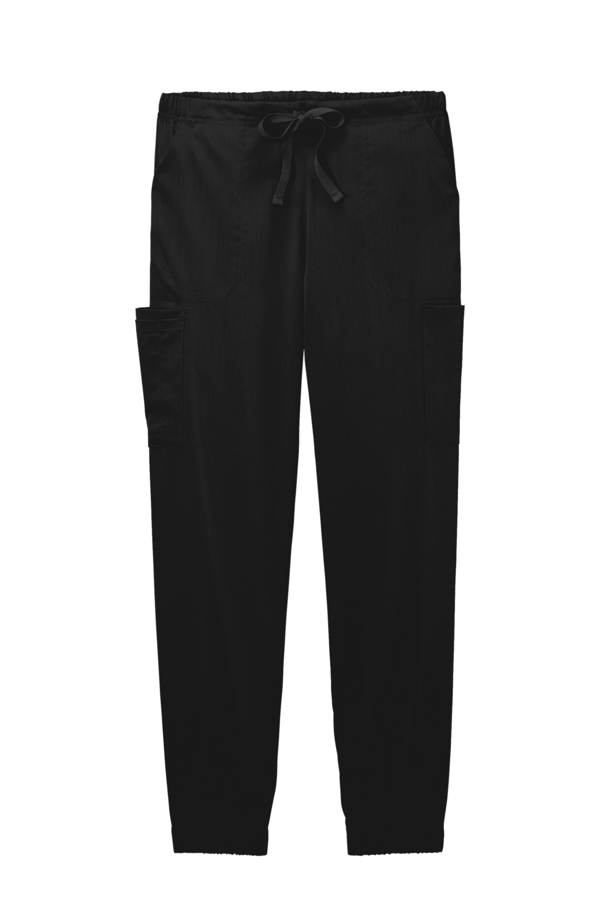 Black women's Wink Premiere Flex jogger nursing scrub pants with front print, designed for comfort and mobility.
