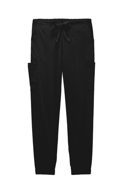 Black women's Wink Premiere Flex jogger nursing scrub pants with front print, designed for comfort and mobility.