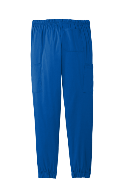 Women’s Wink Premiere Flex jogger nursing scrubs pants in blue, featuring a comfortable fit and modern print design.