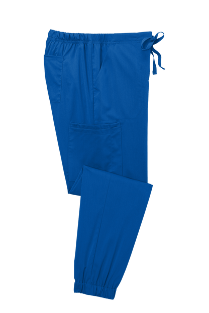 Blue women's Wink Premiere Flex Jogger Pant nursing scrub pants folded, featuring comfortable elastic waistband and practical design.