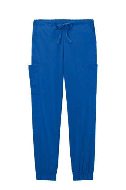 Women’s blue Wink Premiere Flex Jogger Pant nursing scrub pants with front print, comfortable medical workwear for women.