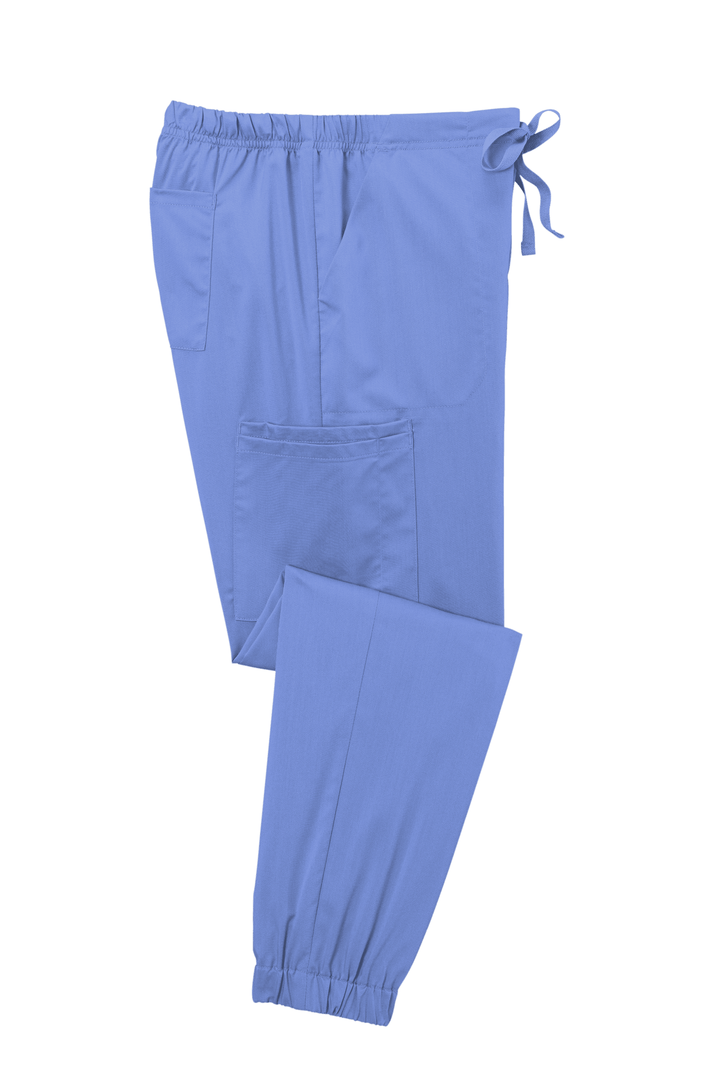 Light blue women's Wink Premiere Flex jogger nursing scrub pants folded, featuring a comfortable fit and functional design.