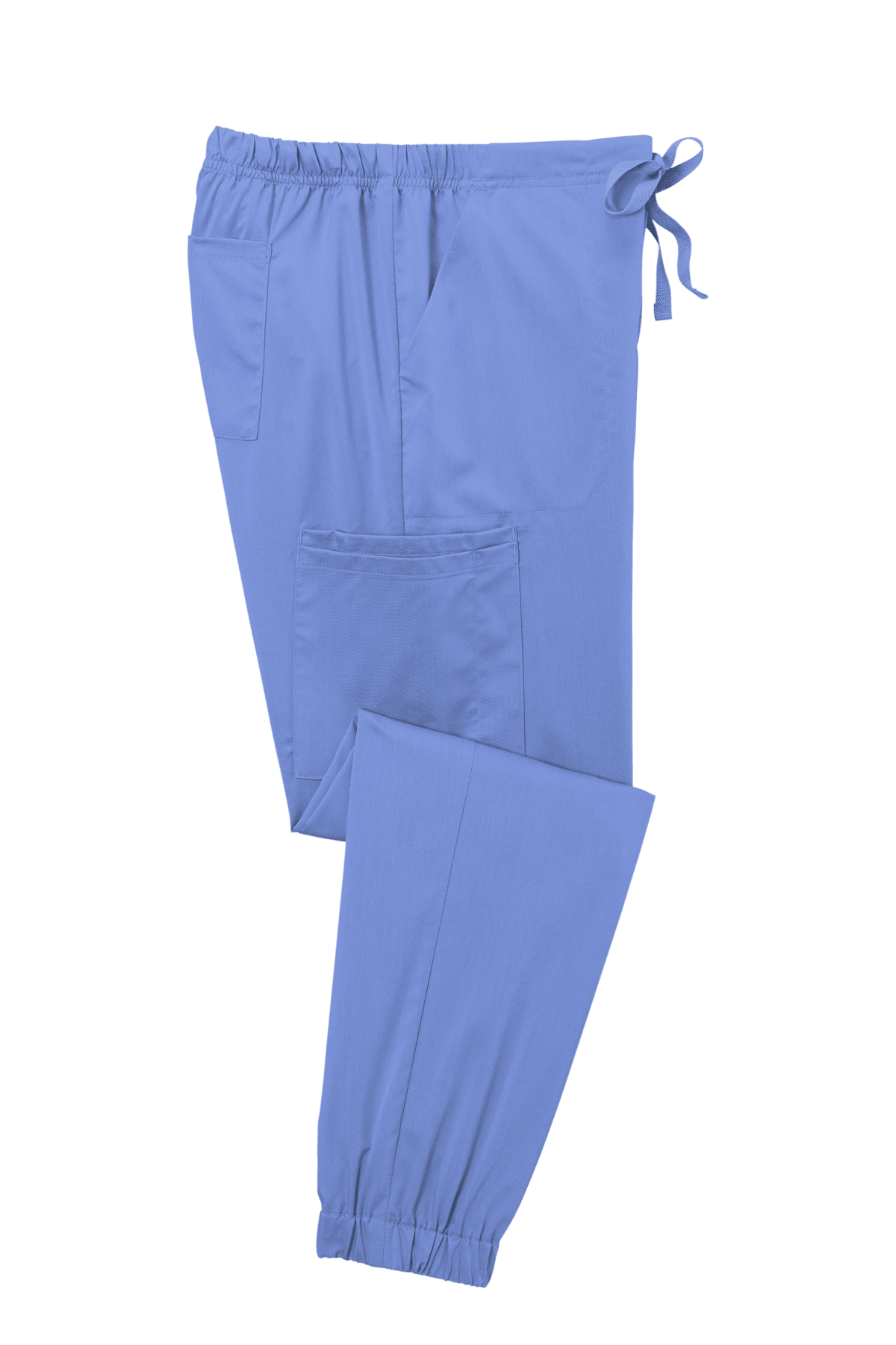 Light blue women's Wink Premiere Flex jogger nursing scrub pants folded, featuring a comfortable fit and functional design.