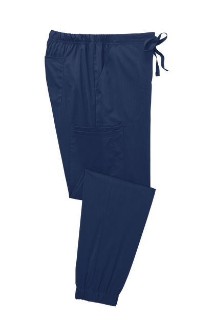 Navy women's Wink Premiere Flex jogger nursing scrubs pants folded, featuring a comfortable fit and functional design for medical work.