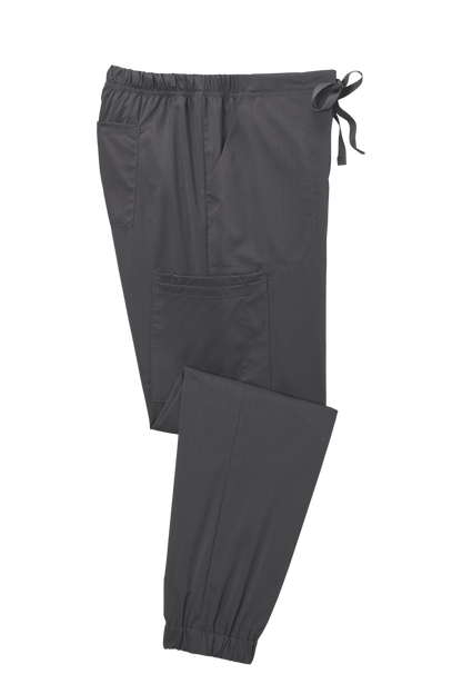 Women's Wink Premiere Flex Jogger Pant nursing scrub in pewter grey, folded view showing comfortable fit and flexible fabric.