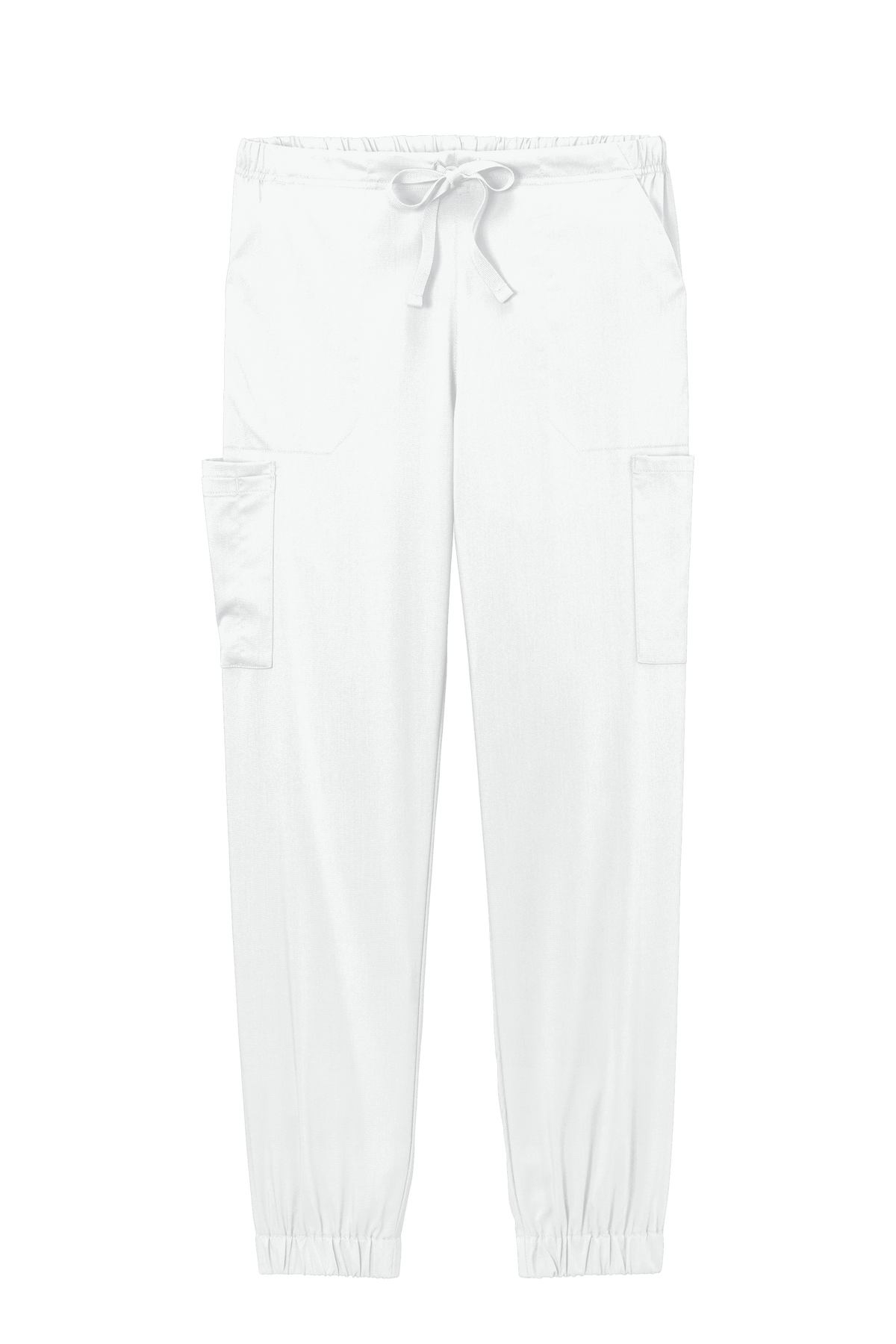 White women's Wink Premiere Flex jogger pant, nursing scrubs with printed design, comfortable medical workwear for women.