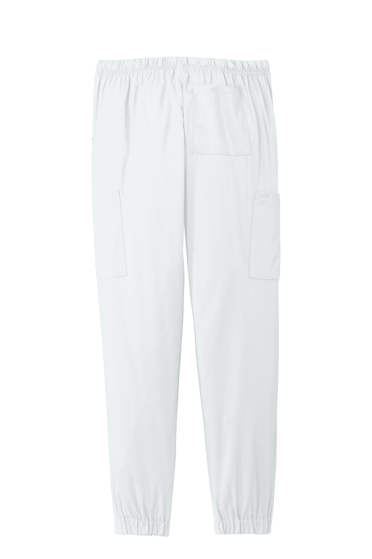 Women’s Wink Premiere Flex jogger scrub pant with nursing print, shown from the back in white, comfortable medical workwear for women.