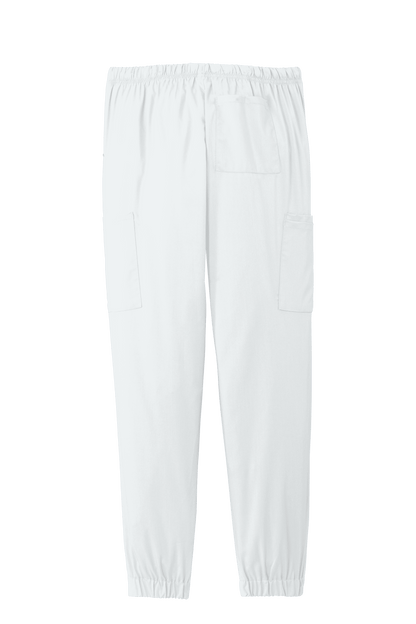 Women’s Wink Premiere Flex jogger scrub pant with nursing print, shown from the back in white, comfortable medical workwear for women.