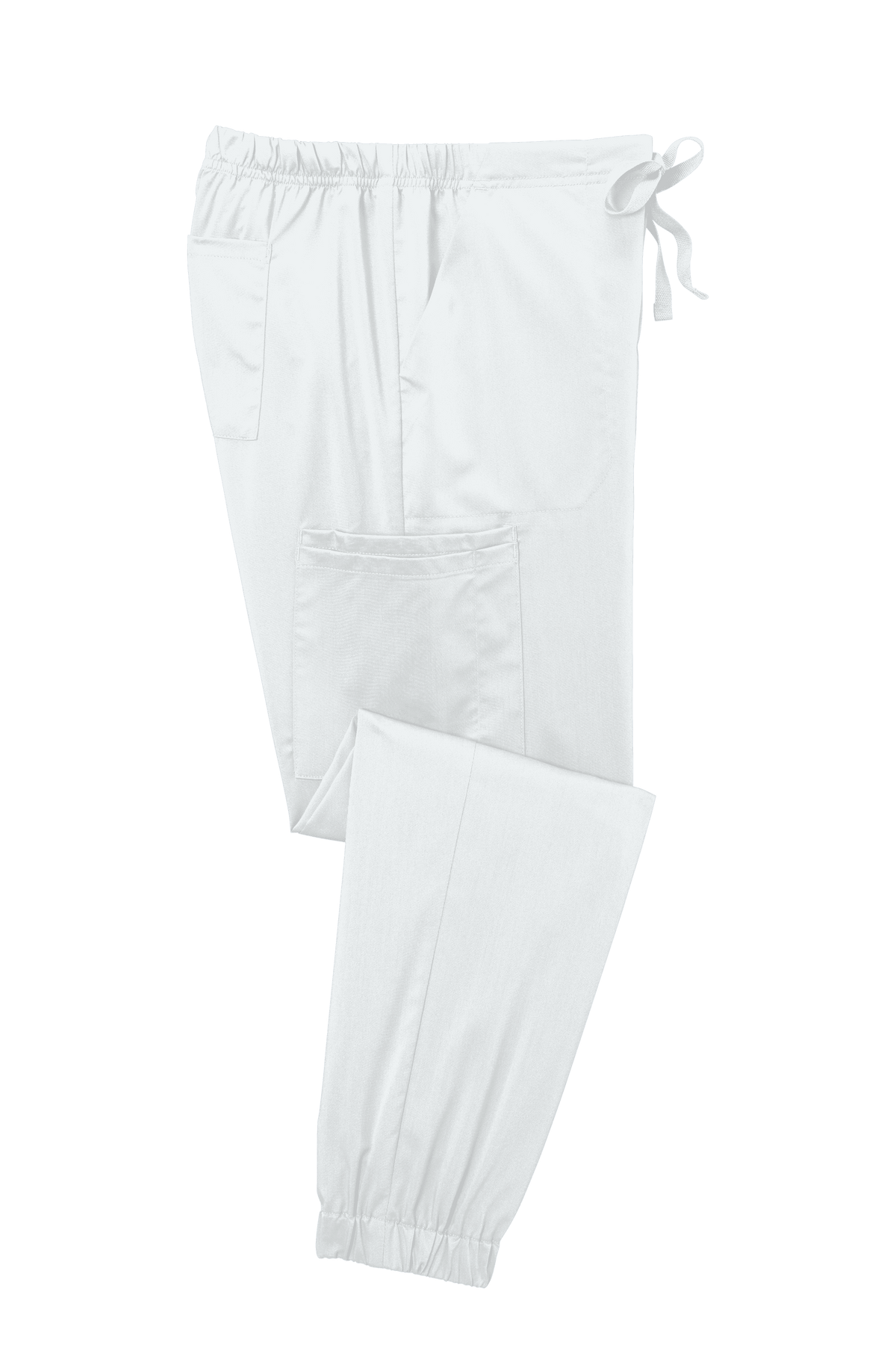 Women's Wink Premiere Flex Jogger Pant nursing scrub in white, folded view showing comfortable fit and flexible fabric.
