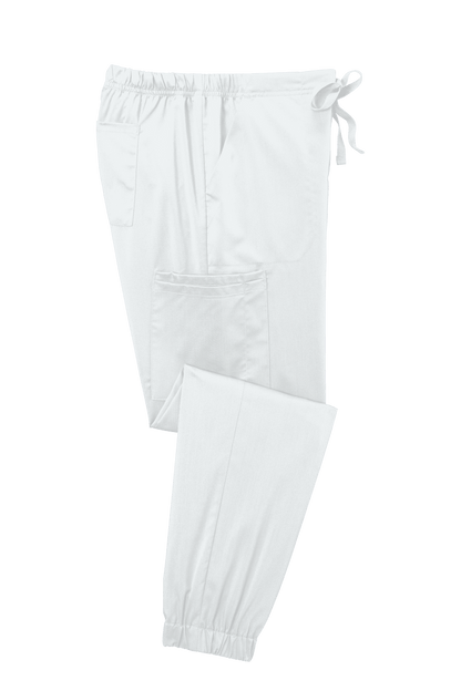 Women's Wink Premiere Flex Jogger Pant nursing scrub in white, folded view showing comfortable fit and flexible fabric.