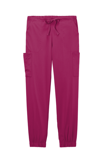 Wink women's Premiere Flex jogger pant nursing scrub with printed design, shown from the front view, in flexible medical workwear fabric.