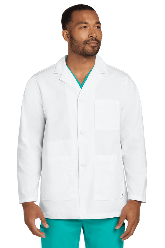 Men's Wink consultation lab coat with printed design, available plain or embroidered, shown from the front view.