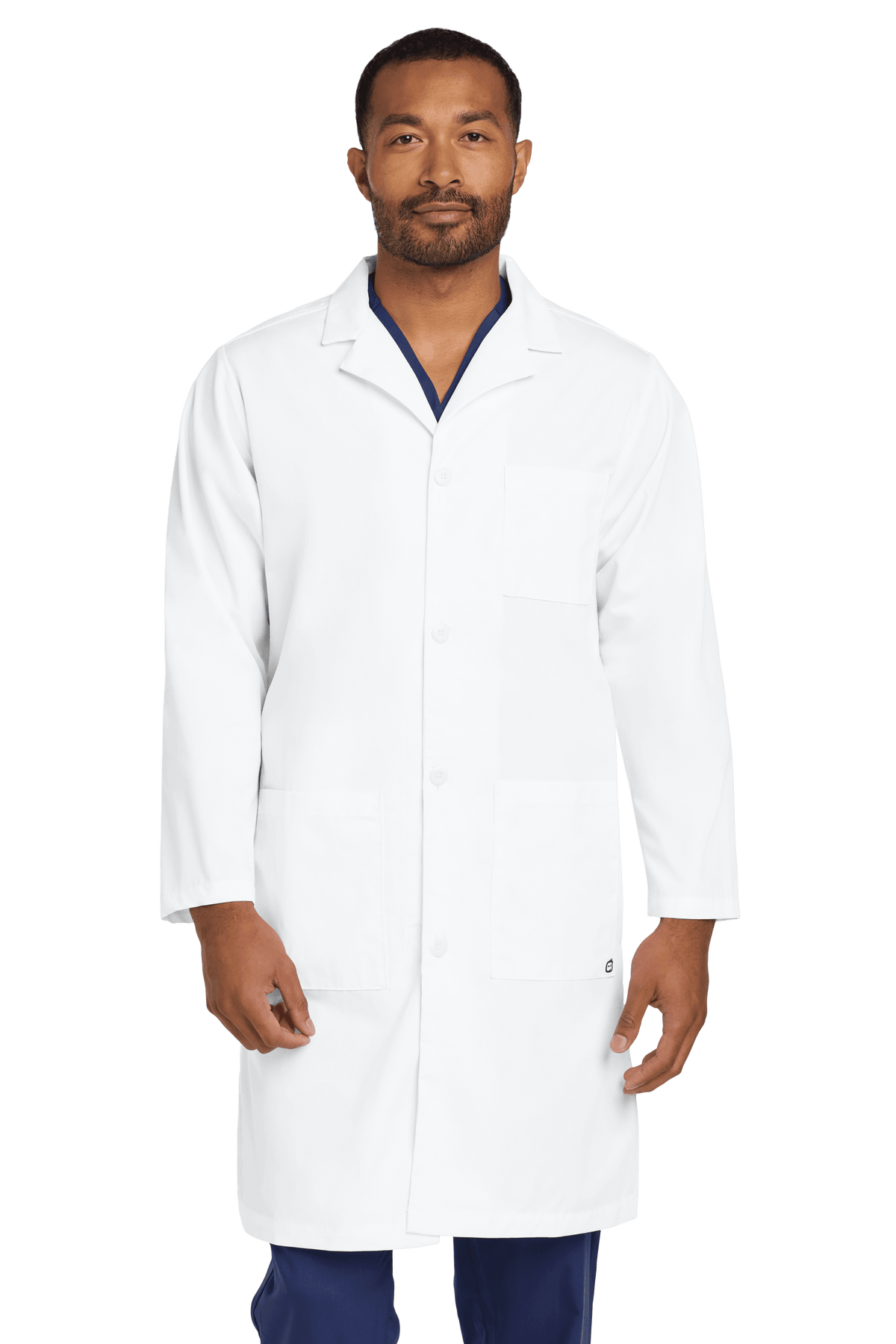 Men's long consultation lab coat by Wink featuring a printed design, available plain or with embroidery, suitable for medical professionals.