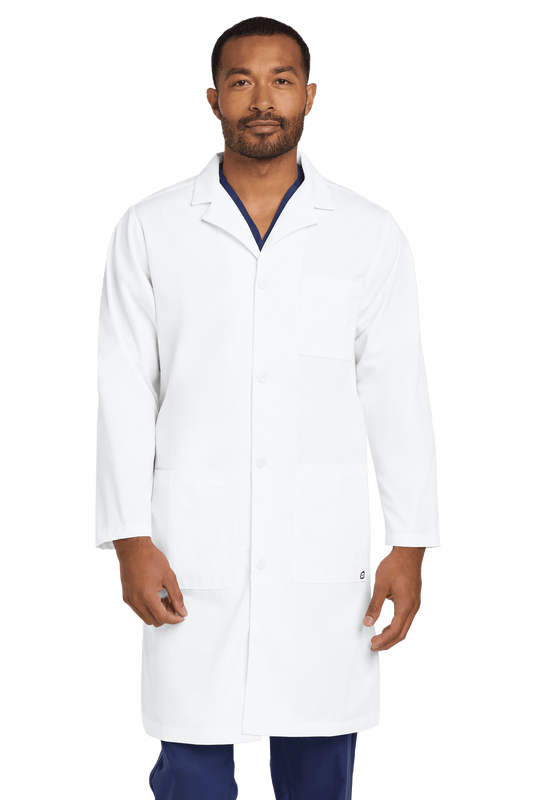 Men's long consultation lab coat by Wink featuring a printed design, available plain or with embroidery, suitable for medical professionals.