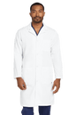 Men's long consultation lab coat by Wink featuring a printed design, available plain or with embroidery, suitable for medical professionals.