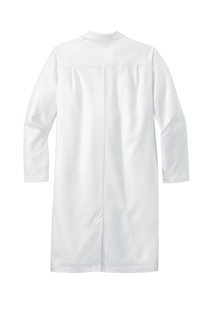 Back view of Wink men's long consultation lab coat with print design, made for professional medical scrubs.