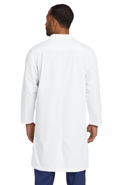 Men's long Wink consultation lab coat with printed design, shown in a professional view, available in plain or embroidered style.