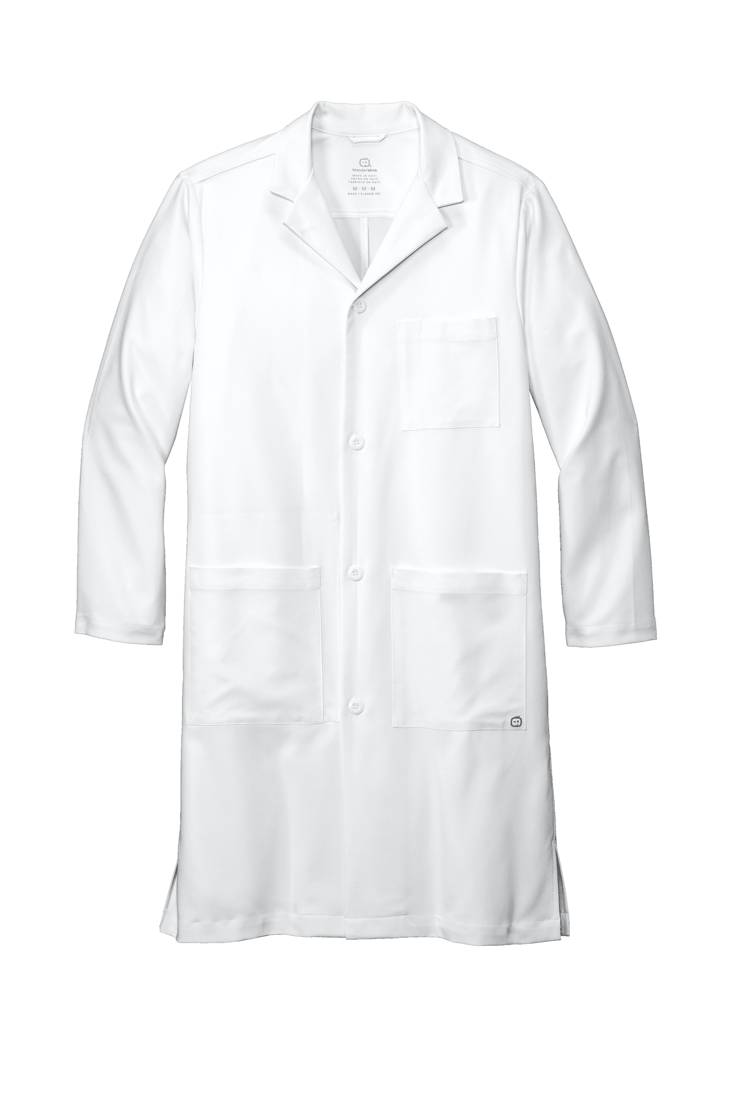 Men's white long consultation lab coat by Wink with printed view, suitable for medical professionals, available plain or embroidered.