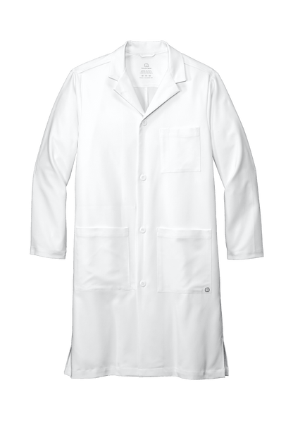 Men's white long consultation lab coat by Wink with printed view, suitable for medical professionals, available plain or embroidered.