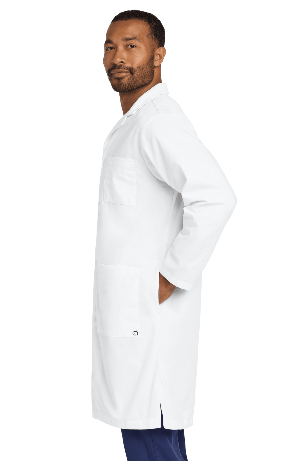 Men's long white consultation lab coat by Wink with printed design, featuring side view, ideal for medical professionals.