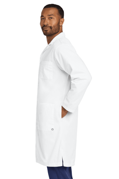 Men's long white consultation lab coat by Wink with printed design, featuring side view, ideal for medical professionals.