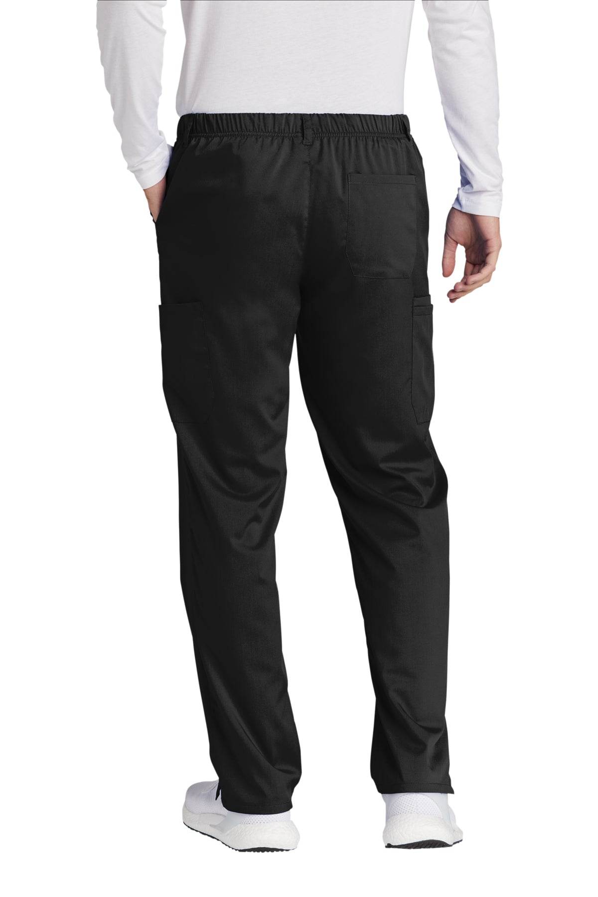 Men's Wink Premiere Flex Cargo Scrubs in black, showcasing back view with multiple pockets and comfortable fit for medical workwear.