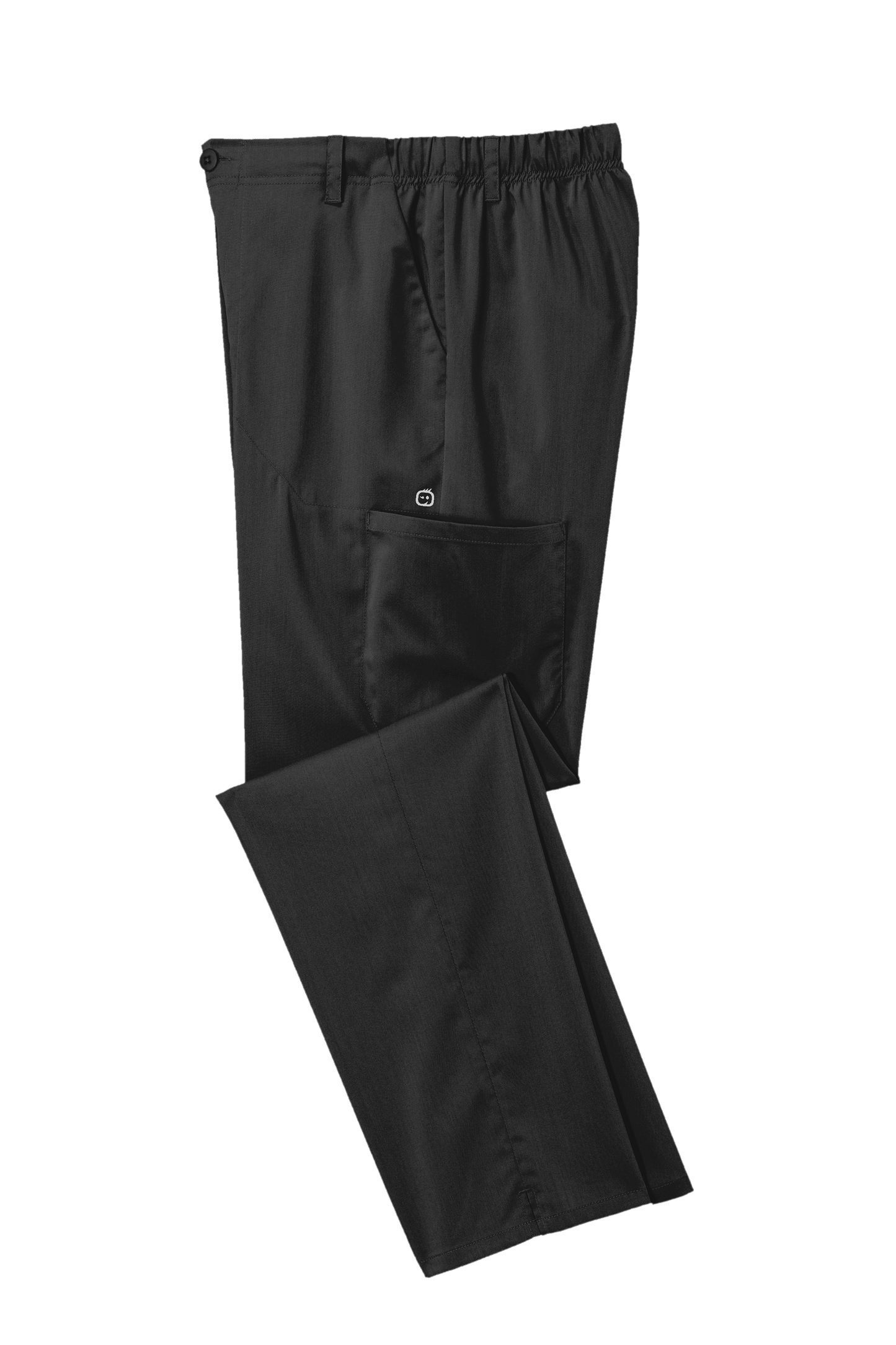 Men's Wink Premiere Flex Cargo Scrubs in black, folded, showing ergonomic pockets and durable fabric for medical workwear.