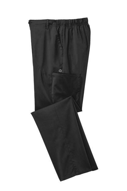 Men's Wink Premiere Flex Cargo Scrubs in black, folded, showing ergonomic pockets and durable fabric for medical workwear.