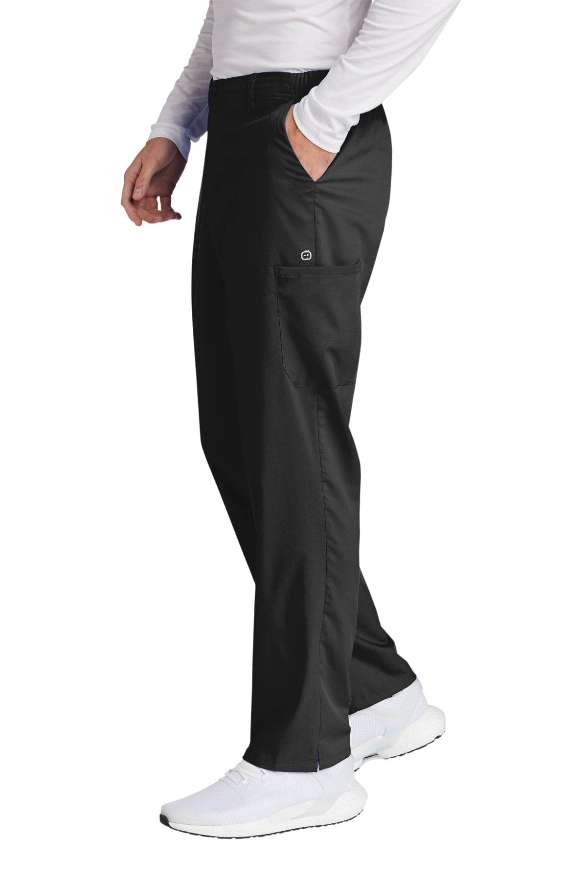Men's Wink Premiere Flex Cargo Scrubs in black, showing side view with multiple pockets and comfortable fit for medical workwear.