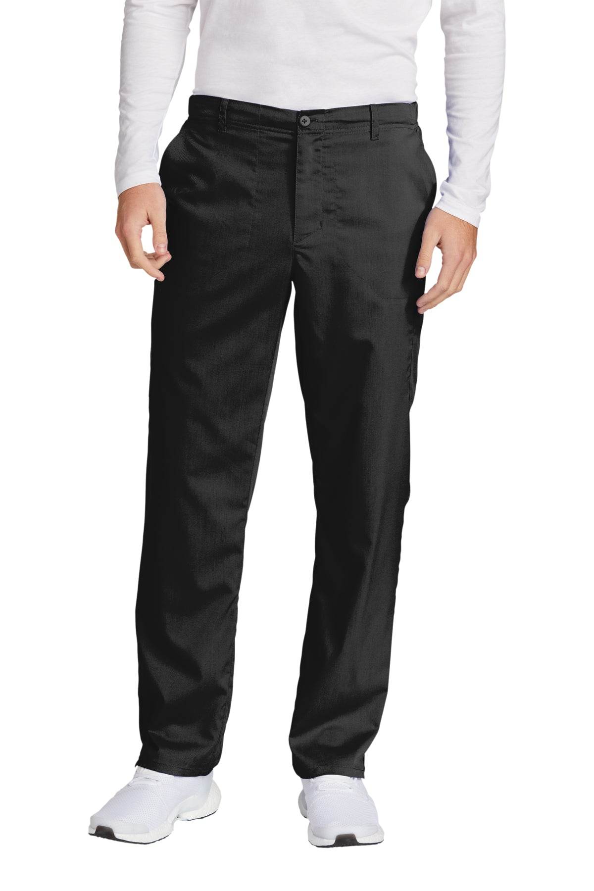 Men's Wink Premiere Flex Cargo Scrubs in black, front view showing functional pockets and comfortable fit for medical workwear.