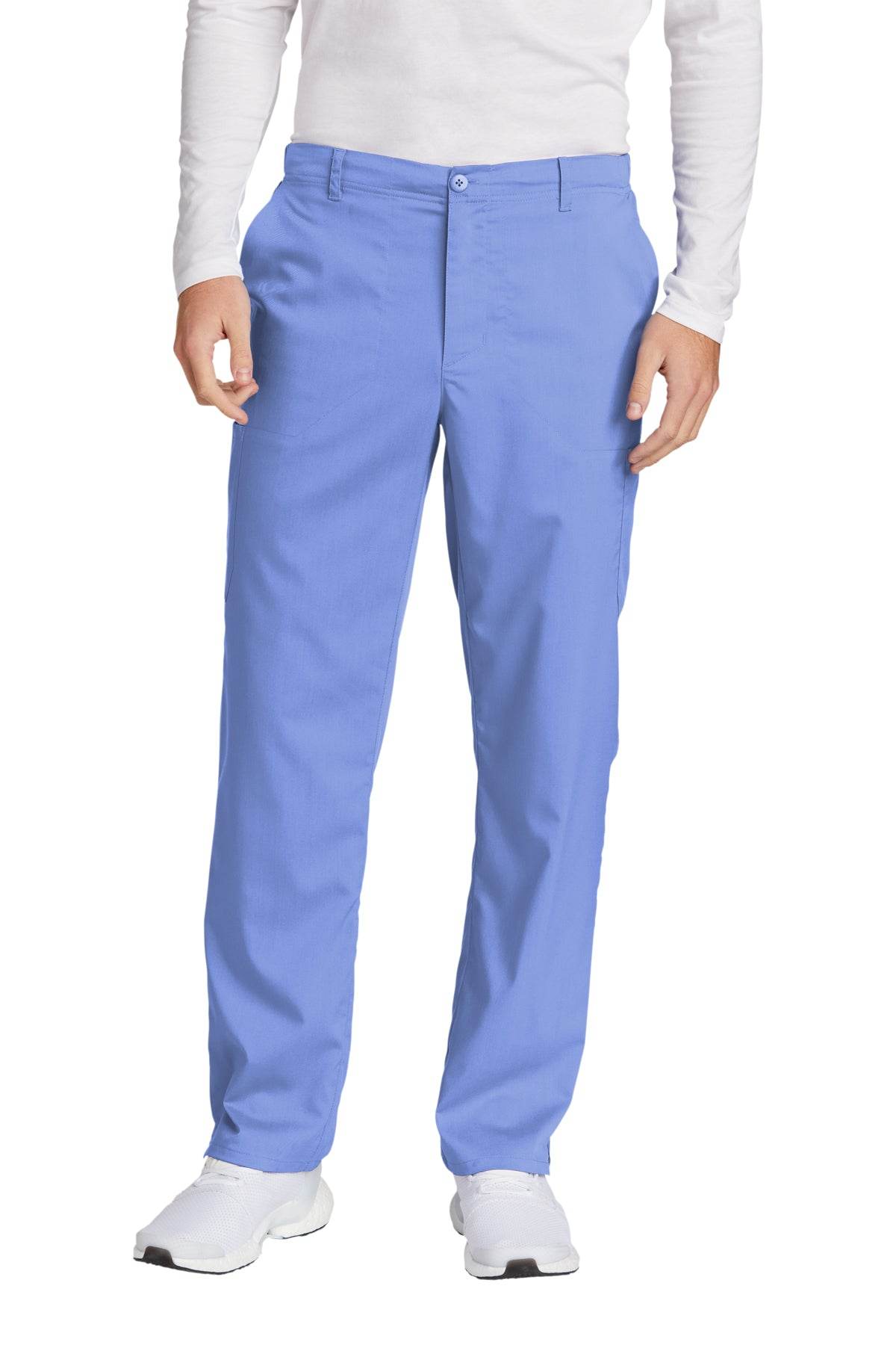 Men's Wink Premiere Flex Cargo Scrubs in light blue, featuring a comfortable fit and practical pockets for medical workwear.