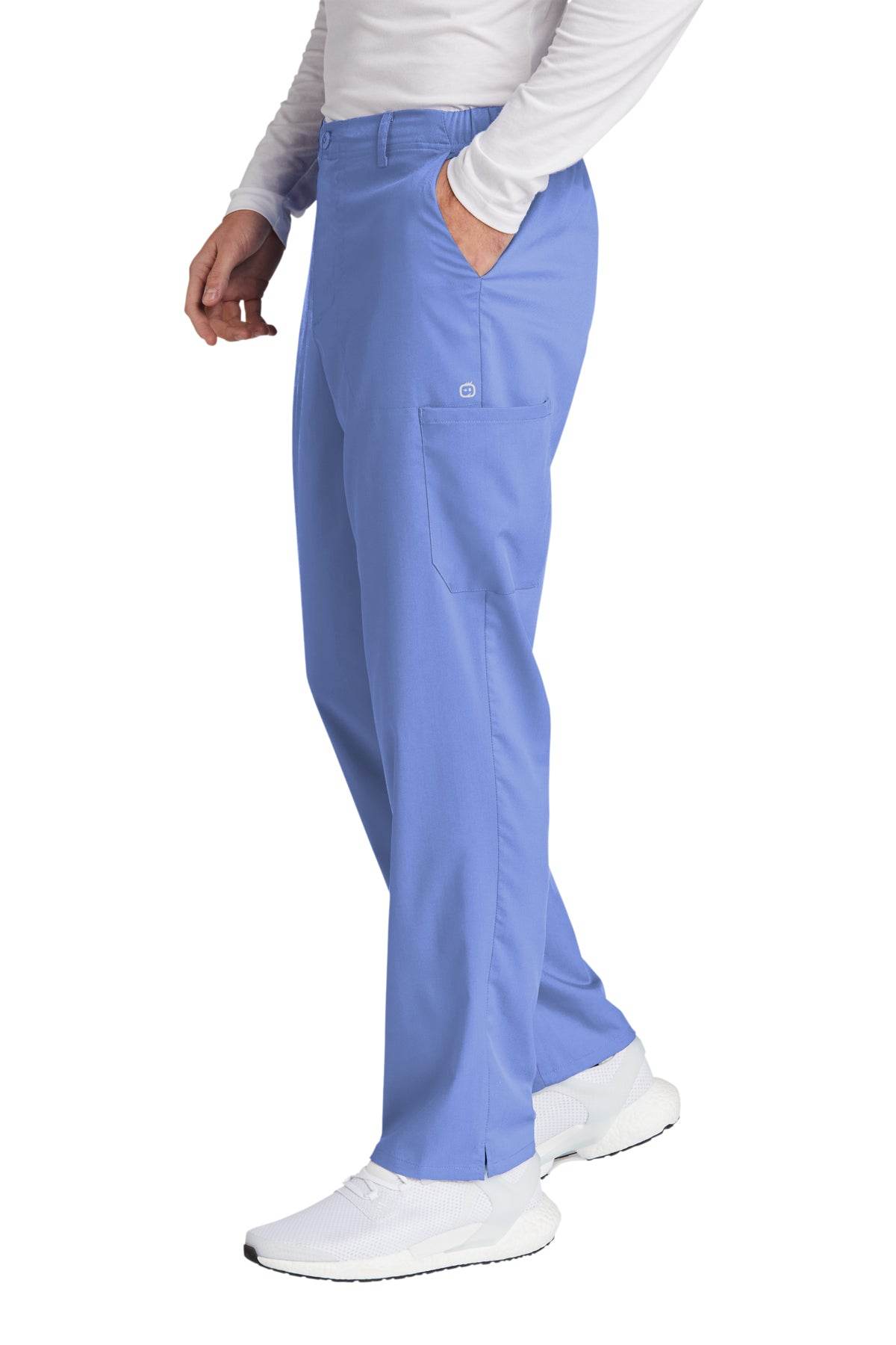 Men's Wink Premiere Flex Cargo Scrubs in light blue, side view showing comfortable fit and functional pockets for medical workwear.