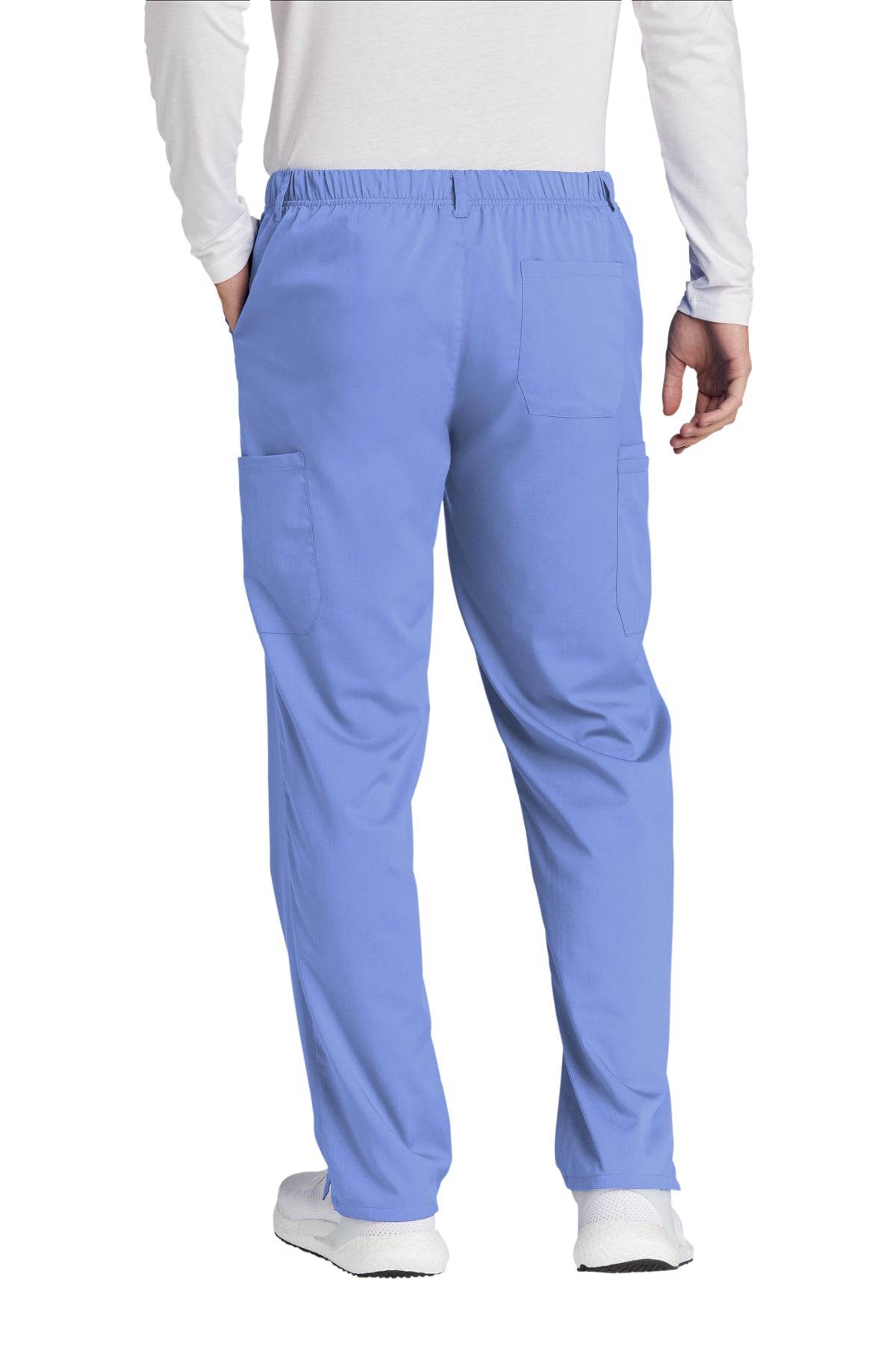 Men's Wink Premiere Flex Cargo Scrubs in light blue, showing back view with multiple pockets and flexible fabric for medical workwear.