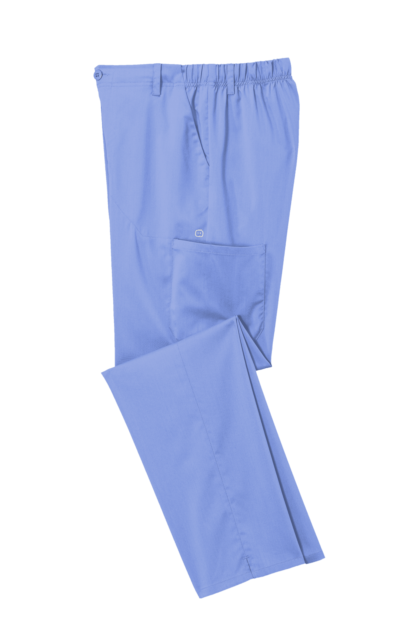 Men's Wink Premiere Flex cargo scrubs in light blue, displayed folded, featuring comfortable medical workwear design.