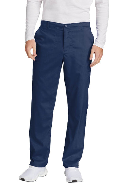 Men's navy blue Wink Premiere Flex cargo scrubs pants with practical pockets, designed for medical workwear comfort and durability.