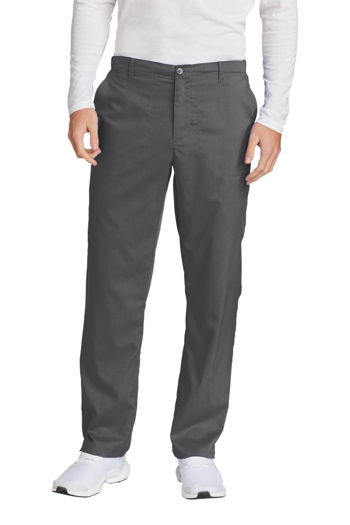 Men's Wink Premiere Flex Cargo Scrubs in Pewter Grey, showing the relaxed fit and comfortable design for medical workwear.