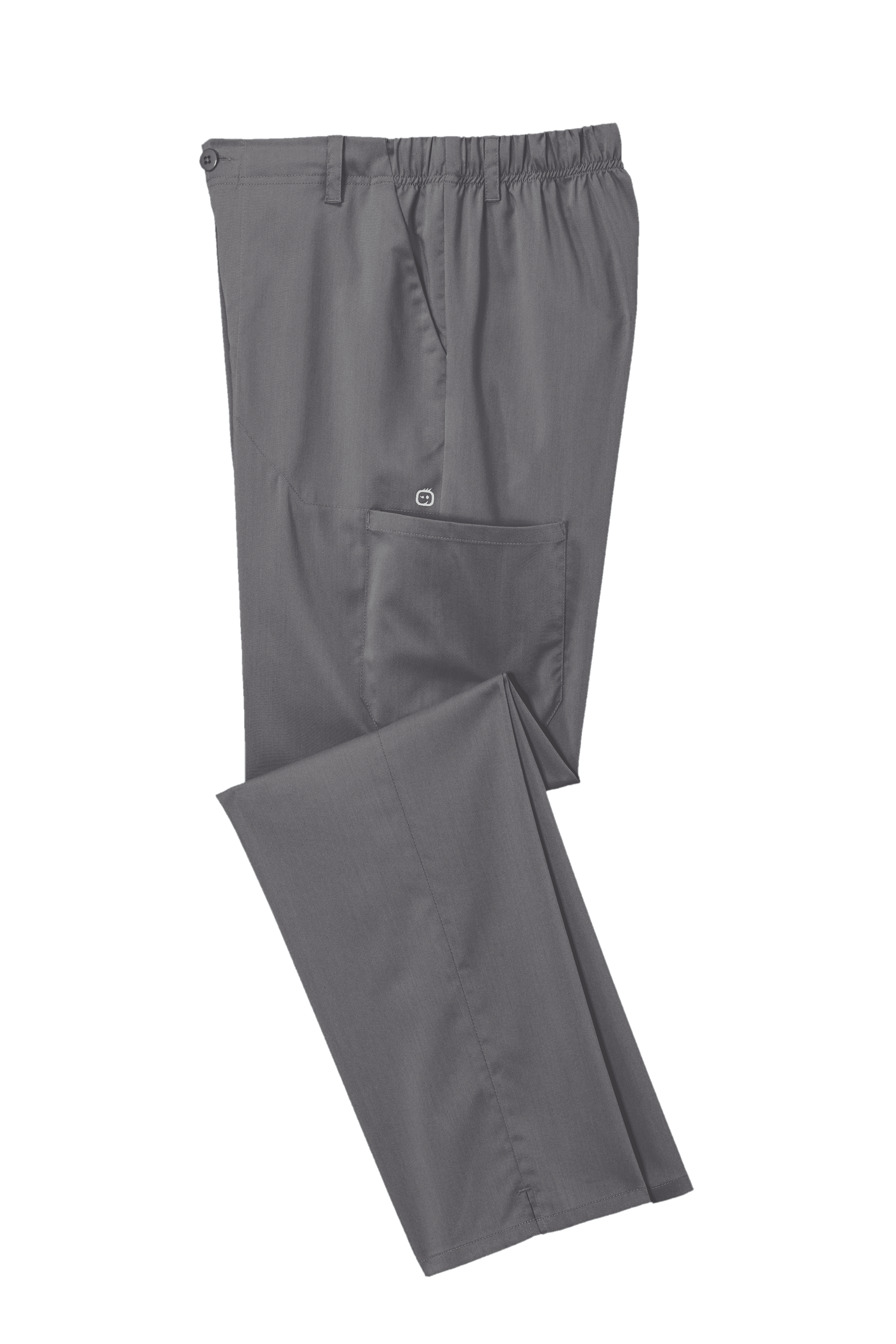 Men's Wink Premiere Flex Cargo Scrubs in Pewter Grey, folded to show breathable fabric and practical cargo pockets.