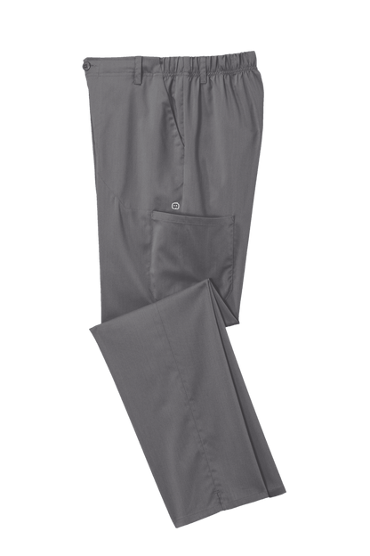 Men's Wink Premiere Flex Cargo Scrubs in Pewter Grey, folded to show breathable fabric and practical cargo pockets.
