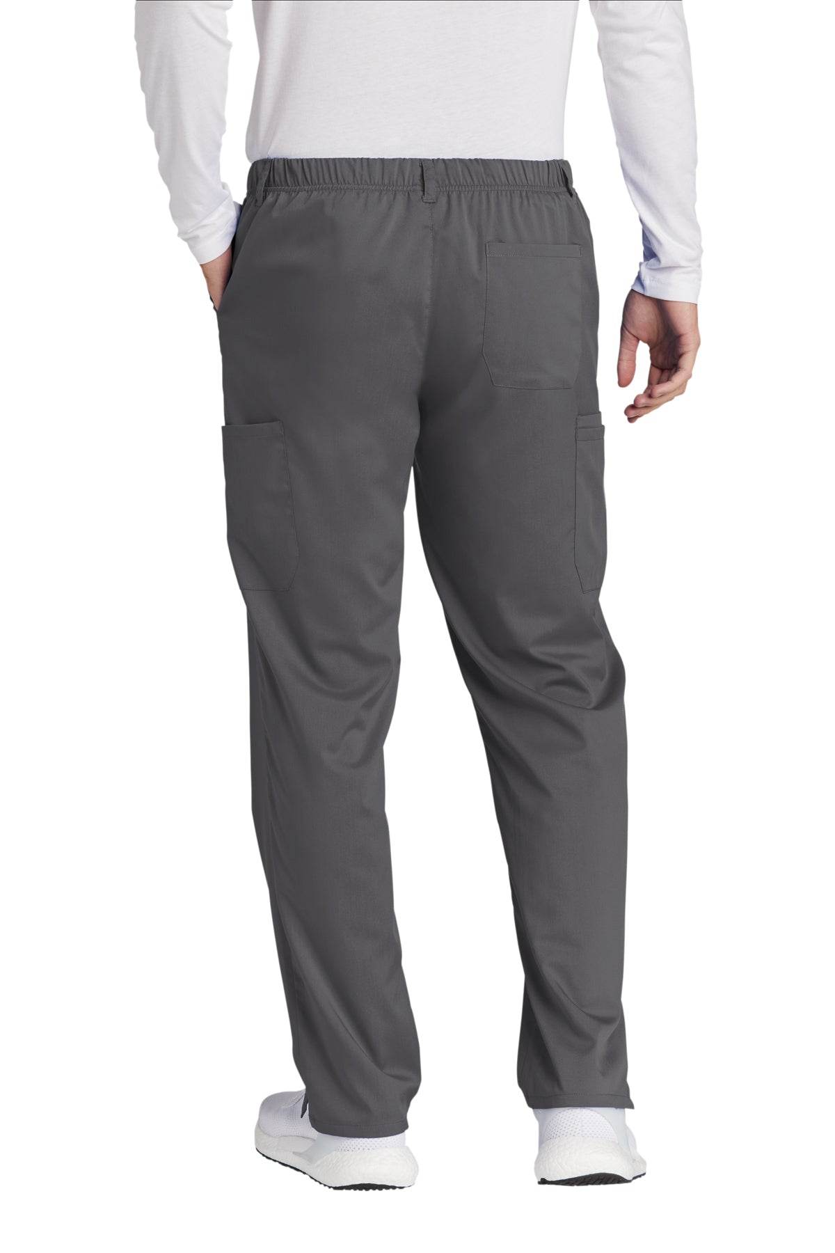 Men's Wink Premiere Flex Cargo Scrubs in Pewter Grey with back view, featuring multiple pockets and comfortable fit for medical workwear.