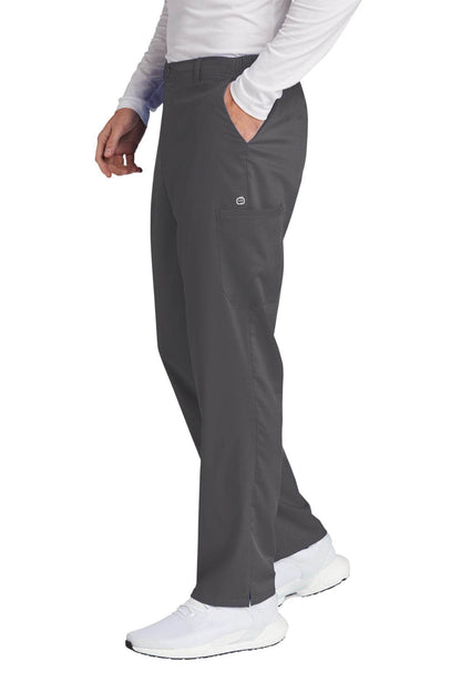 Men's Wink Premiere Flex Cargo Scrubs in Pewter Grey, side view showing comfortable fit and practical cargo pockets.