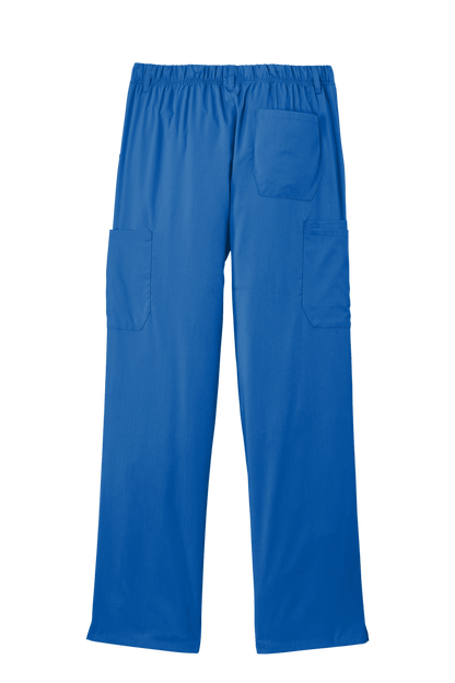 Men's Wink Premiere Flex Cargo Scrubs in royal blue, showing back view with multiple pockets and comfortable fit.