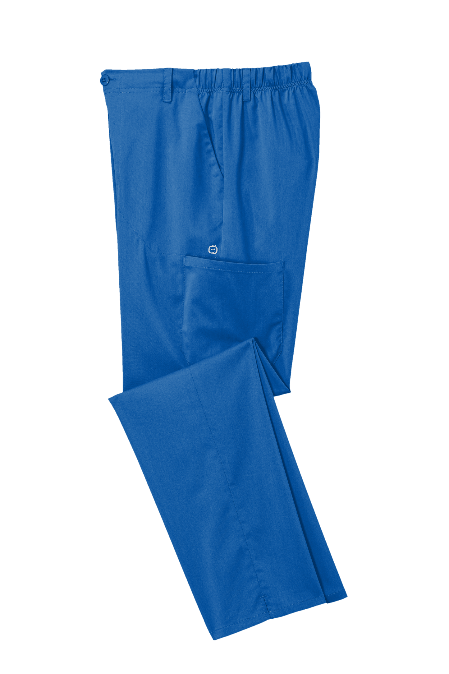 Men's Wink Premiere Flex cargo scrub pants in royal blue, folded, showing durable medical workwear with multiple pockets.