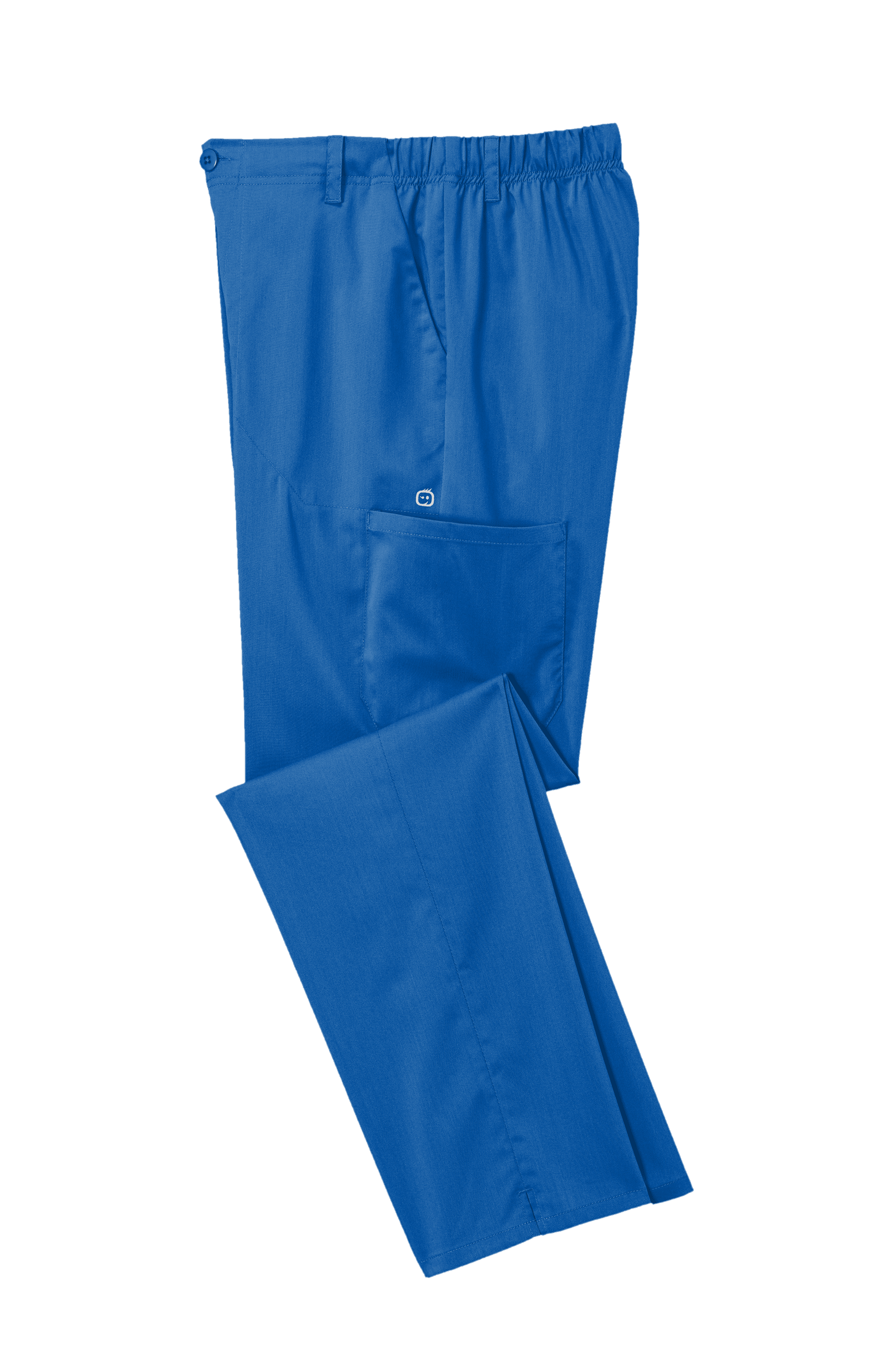 Men's Wink Premiere Flex cargo scrub pants in royal blue, folded, showing durable medical workwear with multiple pockets.
