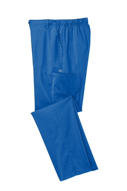 Men's Wink Premiere Flex cargo scrub pants in royal blue, folded, showing durable medical workwear with multiple pockets.
