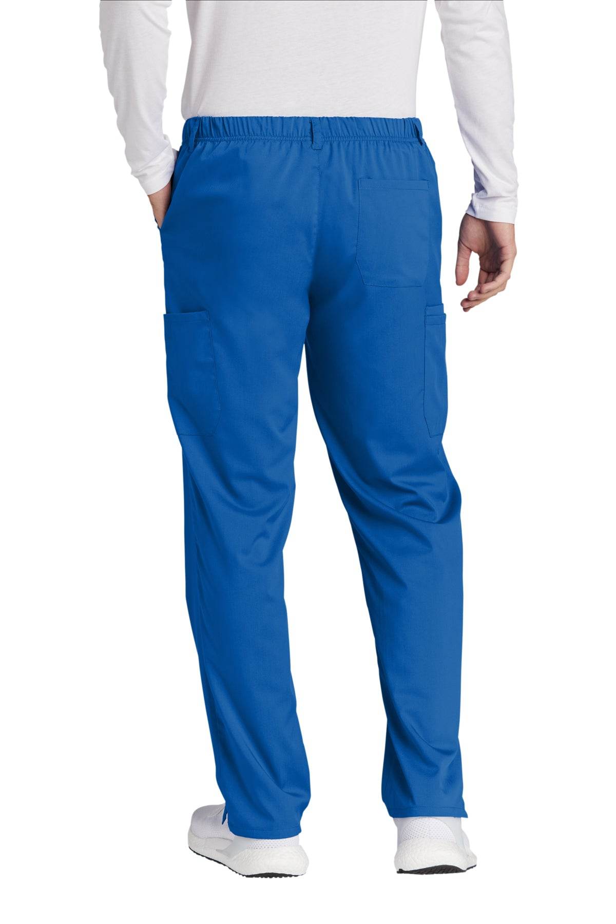 Men's Wink Premiere Flex Cargo Scrubs in royal blue, back view showing relaxed fit and functional pockets for medical workwear.