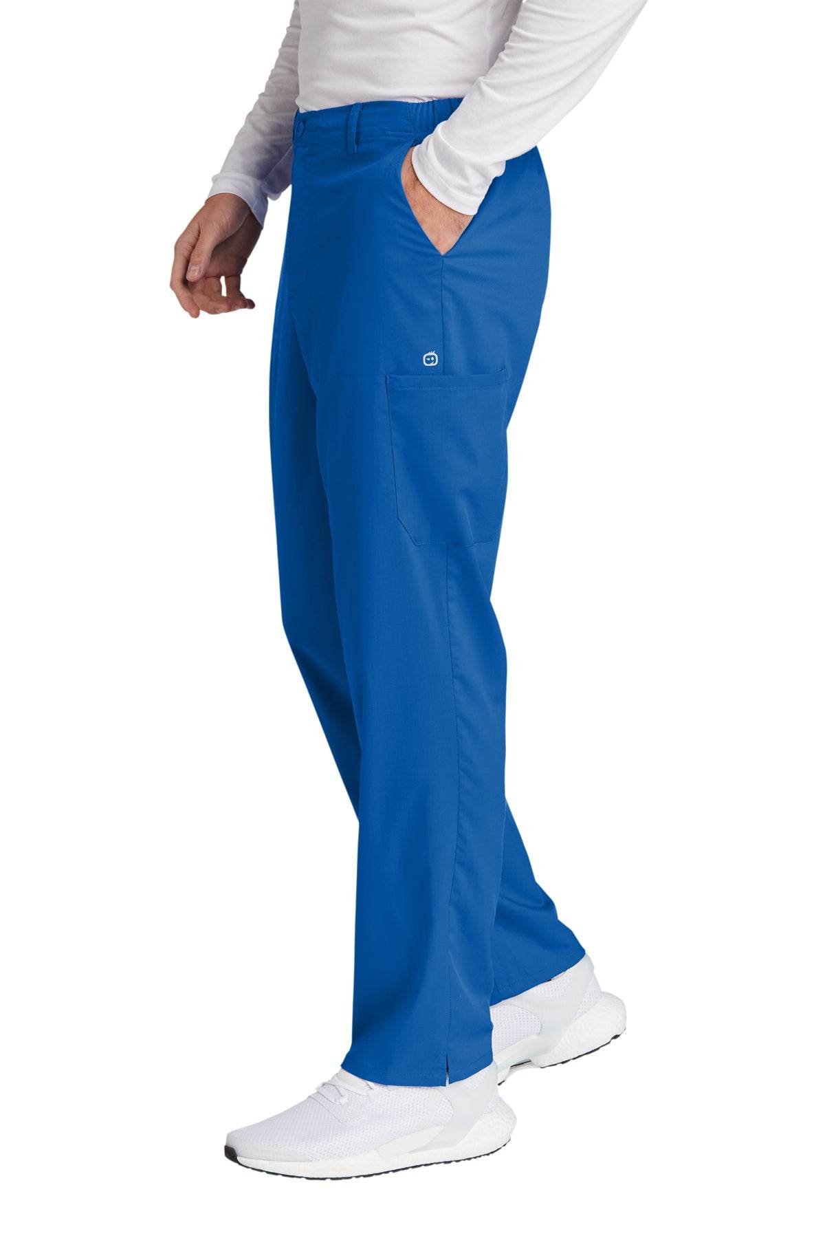 Men's Wink Premiere Flex Cargo Scrubs in royal blue, side view showing comfortable fit and functional design for medical work.